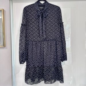 Laundry By Shelli Segal Black with White BluePolka Dots Ruffled Tie Front Dress